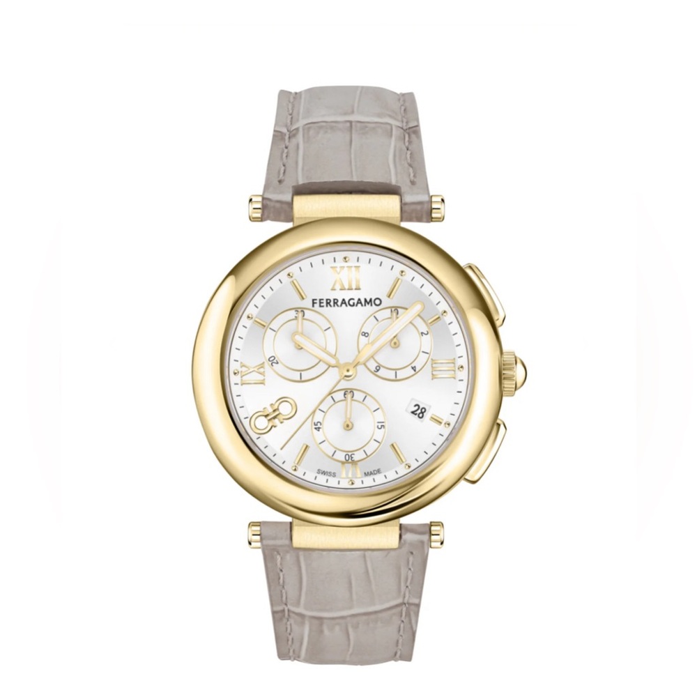 Salvatore Ferragamo Gold Wearable Watch Croc Embossed Leather Strap Chronograph